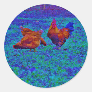 Sticker Rond Coq et poules arc-en-ciel, bleu électrique