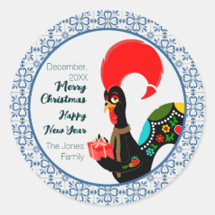 Sticker Rond Coq portugais de Noël et cadre de carreaux bleus