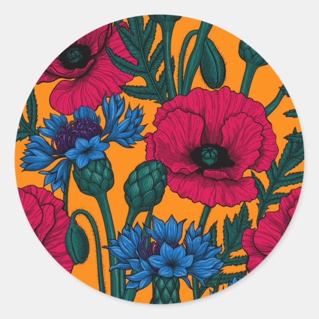 Sticker Rond Coquelicots rouges et fleurs de maïs bleues sur or (Devant)