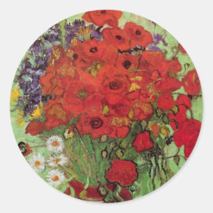 Sticker Rond Coquelicots rouges et marguerites par Vincent van