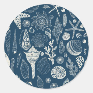Sticker Rond Coques de mer sur bleu foncé