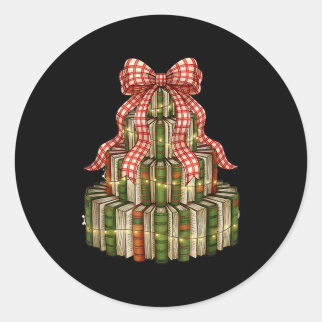 Sticker Rond Coquette Bow Christmas Books Xmas Tree Librarian  (Devant)
