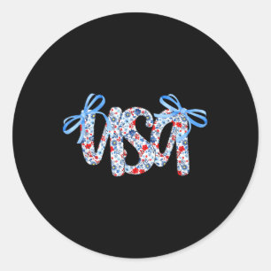 Sticker Rond Coquette Bow Floral Usa Drapeau 4 juillet Girl Pat
