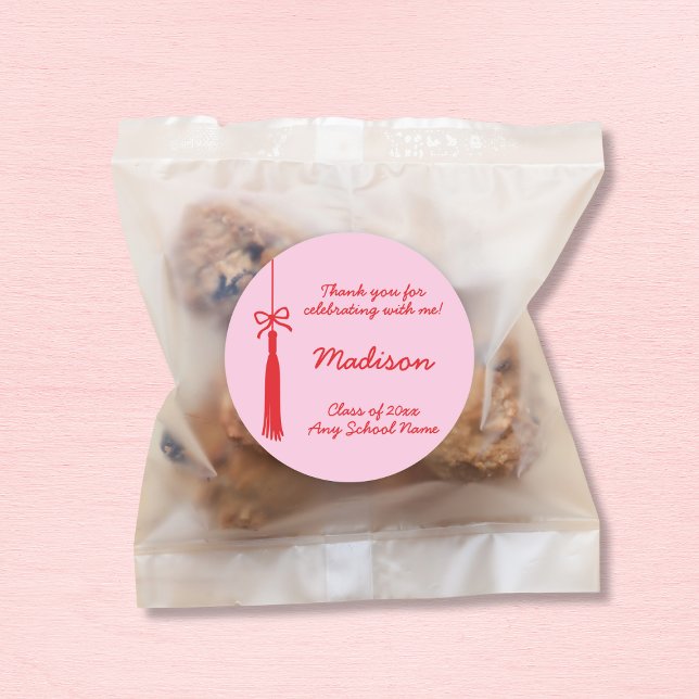 Sticker Rond Coquette Bow Grad Tassel Rose Red 2025 Graduation (Coquette Bow Grad Tassel Pink Red 2025 Graduation Classic Round Sticker)