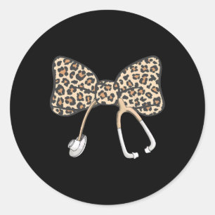 Sticker Rond Coquette Bow Stethoscope Léopard Infirmière inscri