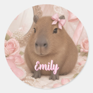 Sticker Rond coquette capybara noeud rose