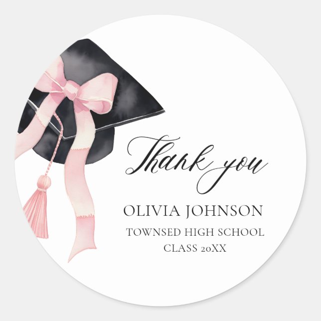 Sticker Rond Coquette de chou rose moderne Graduation Cap Gradu (Devant)