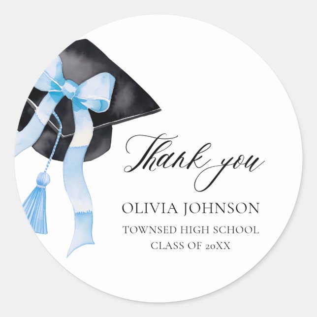Sticker Rond Coquette de la boîte bleue moderne Graduation Cap  (Devant)