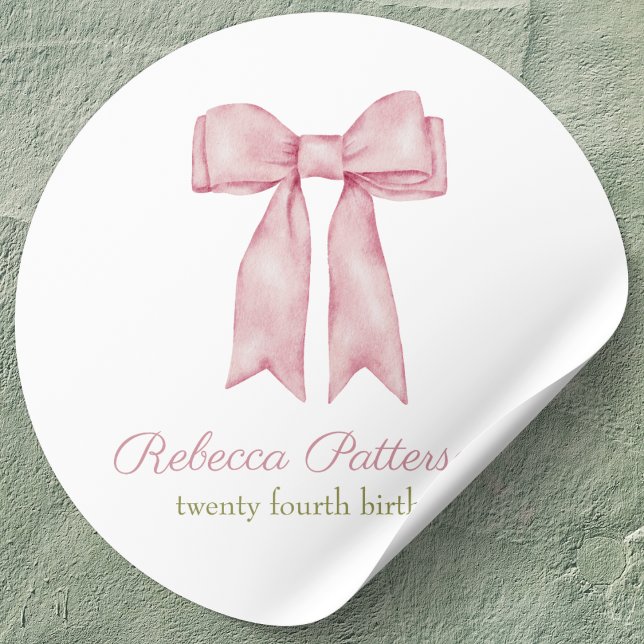 Sticker Rond Coquette Rose Aquarelle Bow Fête Anniversaire (coquette aesthetic pink bow party sticker personalized party supplies tea party cute feminine bday)