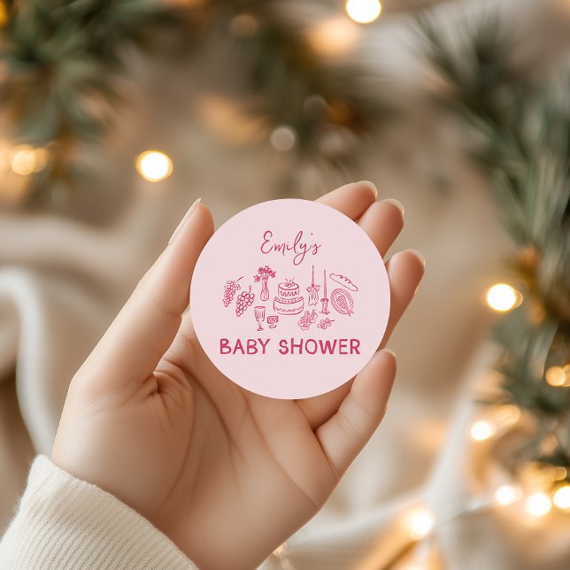 Sticker Rond Coquette rose baby shower à main moderne (Créateur téléchargé)