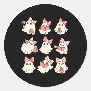 Sticker Rond Coquette rose Bow mignonne Ghost Halloween Mers Éf