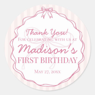 Sticker Rond Coquette Rose Bow Pastel rayé Anniversaire Favoris
