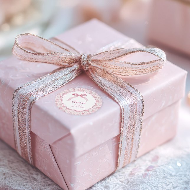 Sticker Rond Coquette Toile rose Bow 1er anniversaire fille (pink coquette 1st birthday  for baby girl with ribbon)