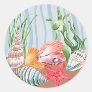 Sticker Rond Coquillage aquarelle bleu marine Plage tropicale