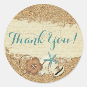 Sticker Rond Coquillages de plage nautique & Sable Océan Merci