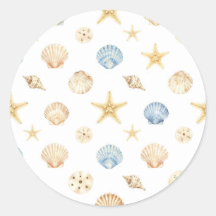 Sticker Rond Coquillages étoiles de mer motif côtier aquarelle