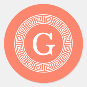 Sticker Rond Corail Blanc Grille Clé grecque Cadre initial Mono