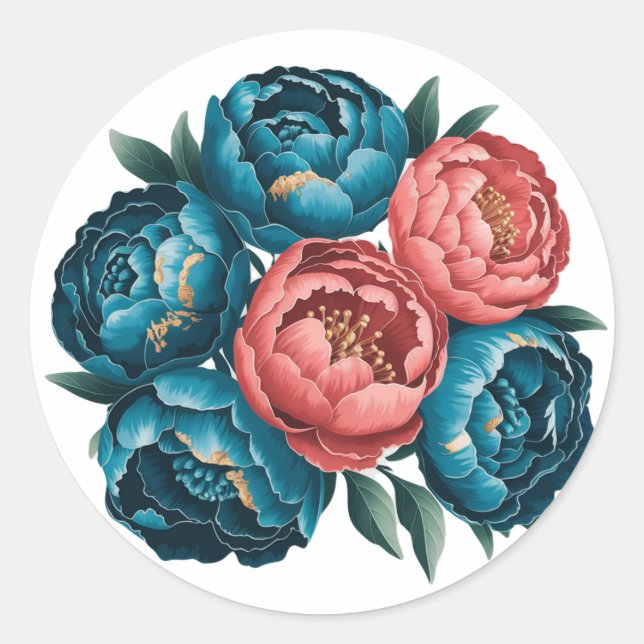 Sticker Rond Corail et pivoines Turquoises Gold Bouquet Mariage (Devant)