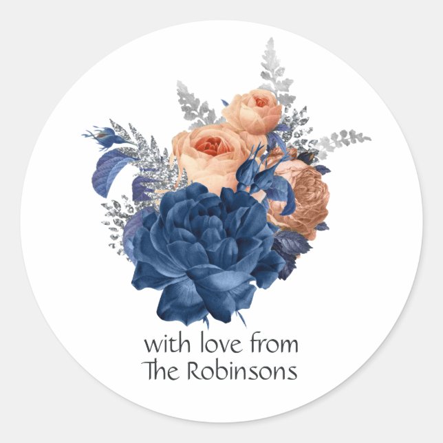 Sticker Rond Corail, marine et Mariage floral argenté (Devant)