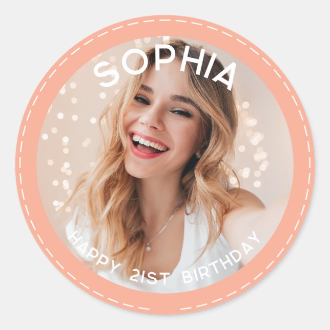 Sticker Rond Corail personnalisé Moderne 21e anniversaire Photo (Devant)