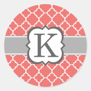 Sticker Rond Coral blanc monogramme K Quatrefoil