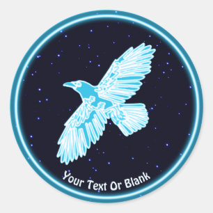 Sticker Rond Corbeau bleu sur étoiles