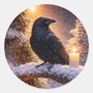 Sticker Rond Corbeau dans la neige Bougie de solstice d'hiver m