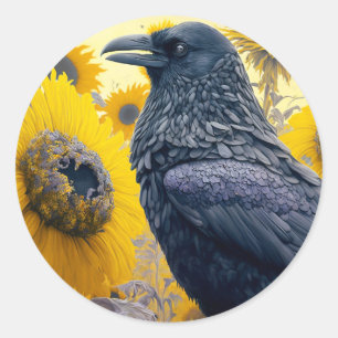 Sticker Rond Corbeau dans le champ de tournesols