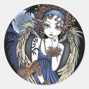 Sticker Rond "Cordelia" Gothique Lune Huile Oiseau Angel Art St