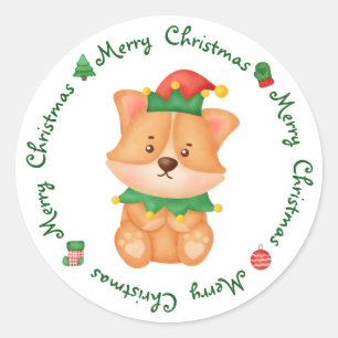 Sticker Rond Corgi Chien Chien Cute Elf Festif Joyeux Noël