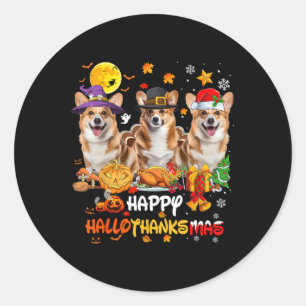Sticker Rond Corgi Chien Joyeux Halloween Thanksgiving Joyeux C