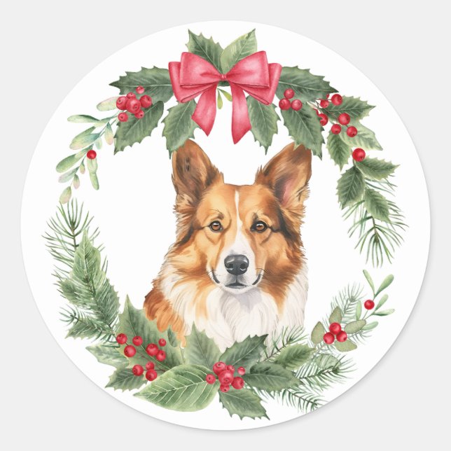 Sticker Rond Corgi Chien Red Bow Holly Wreath (Devant)