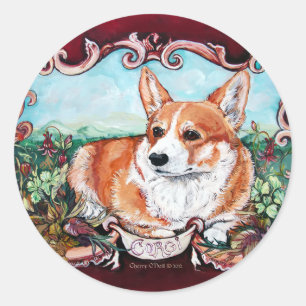 Sticker Rond Corgi dans le jardin !
