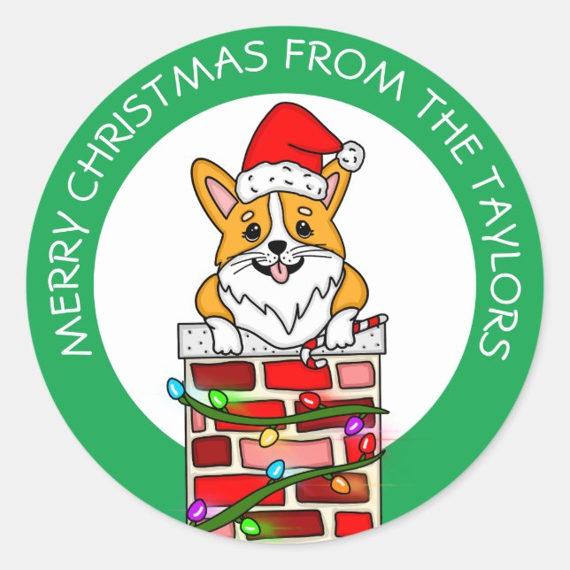 Sticker Rond Corgi de Noël personnalisé (Devant)