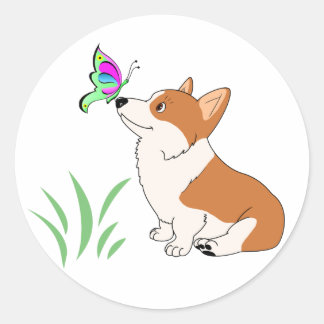 Sticker Rond Corgi gallois de Pembroke avec papillon
