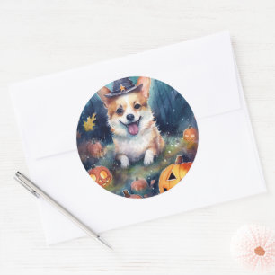 Sticker Rond Corgi Halloween avec citrouilles effrayant