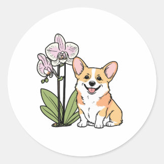Sticker Rond Corgi mignon avec orchidée