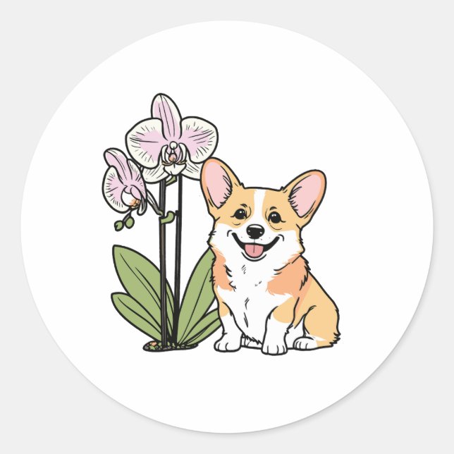 Sticker Rond Corgi mignon avec orchidée (Devant)