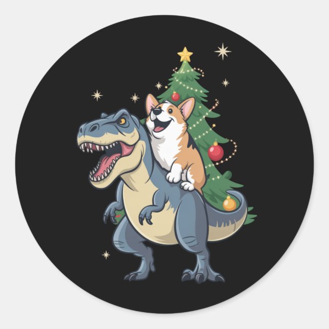 Sticker Rond Corgi Noël Dinosaur Arbre Rex Fêtes Noël (Devant)