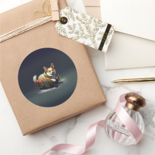 Sticker Rond Corgi Noël neige hiver