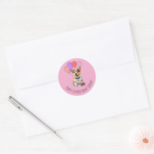 Sticker Rond Corgi Rose Anniversaire Personnalisable