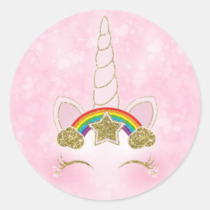Sticker Rond Corne de Licorne Étoile Arc-en-Ciel Cœur Rose Doré