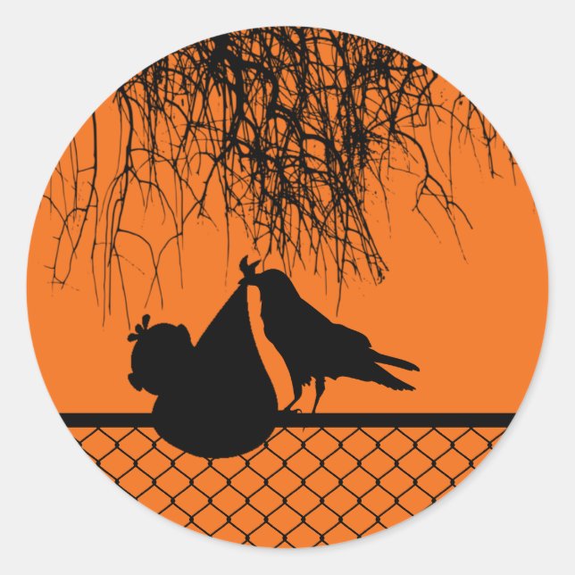 Sticker Rond Corneille avec bébé sur clôture (Devant)