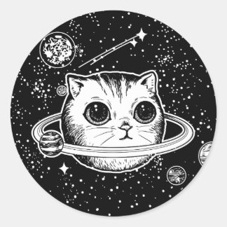 Sticker Rond Cosmic Chat planète, noir et blanc