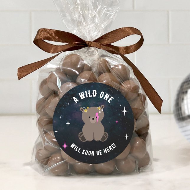 Sticker Rond Cosmic Cub Sleepy Wild One Rose Girl Baby shower (Créateur téléchargé)