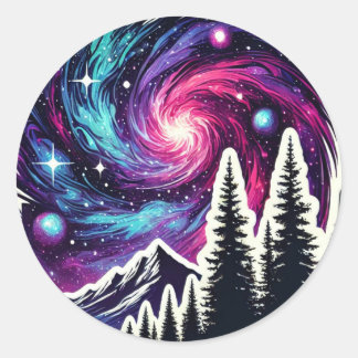 Sticker Rond Cosmic Forest: Galaxy Meets Nature
