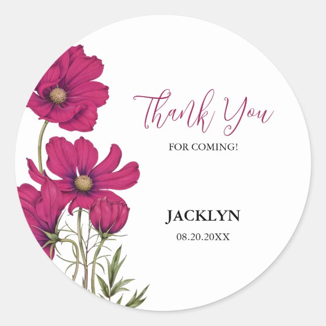 Sticker Rond Cosmos rose foncé Merci floral Anniversaire (Devant)
