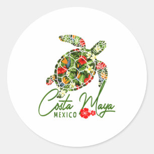 Sticker Rond Costa Maya Mexique Tortue de mer Hibiscus Tropical