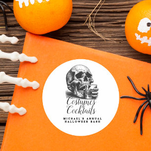 Sticker Rond Costume et Cocktails Soirée Halloween Crâne Noir