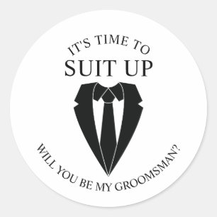 Sticker Rond Costume Mariage noir et Cravate Groomsman Proposit